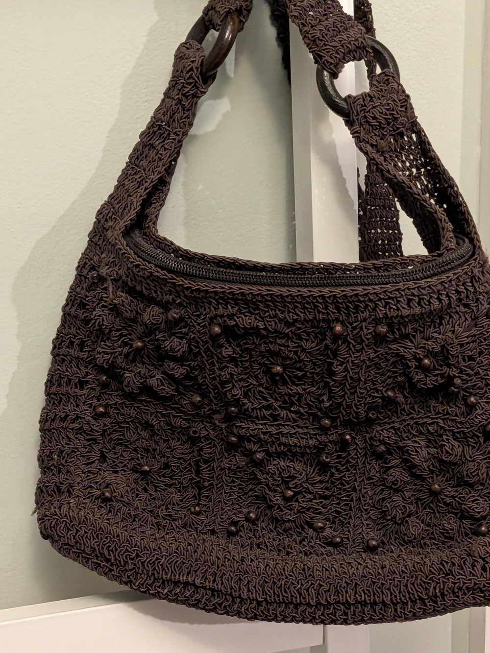Woven Crochet Shoulder Bag in Dark Brown